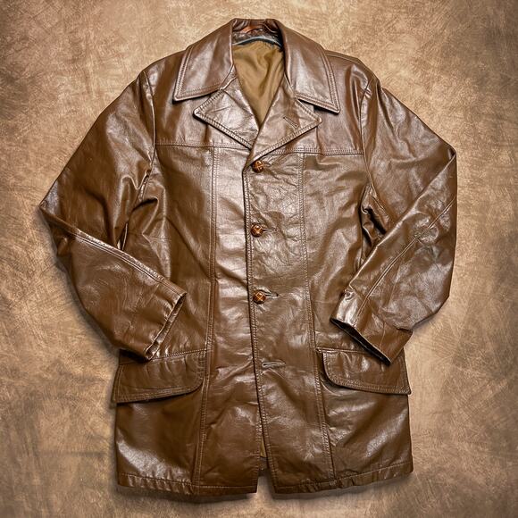Vintage 70s R Sherman Leather Jacket Brown Notch Lapel Paneled Retro Western - Picture 1 of 16